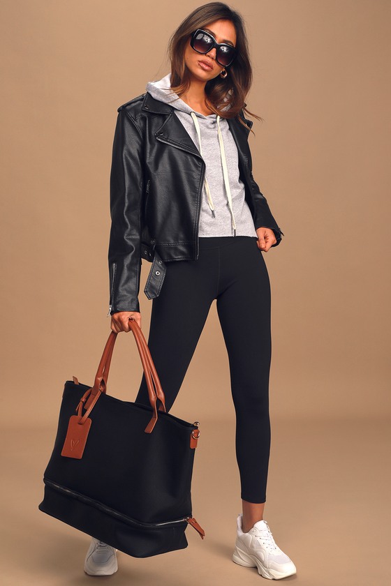 Lulus Weekend Traveler Black And Cognac Tote Bag