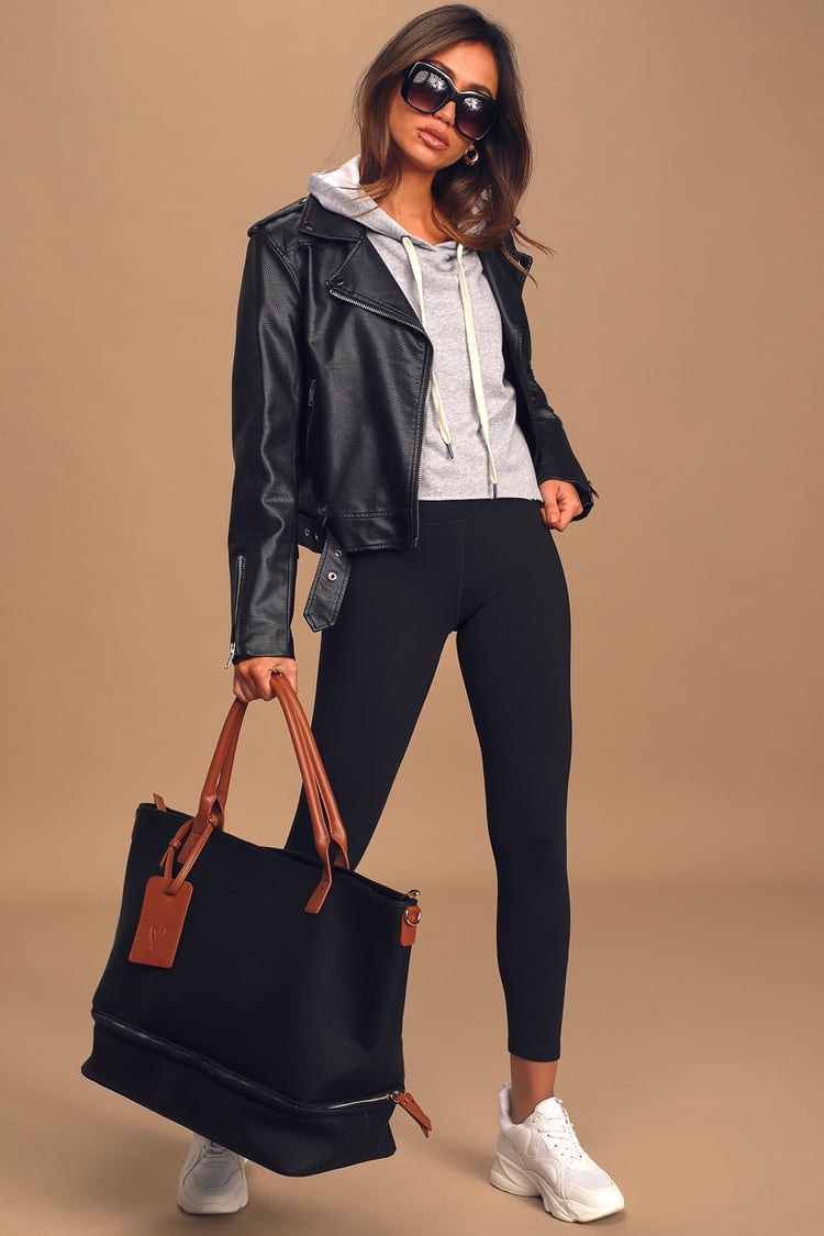 Black and Cognac Tote Bag - Vegan Leather Handbag - Oversized Bag