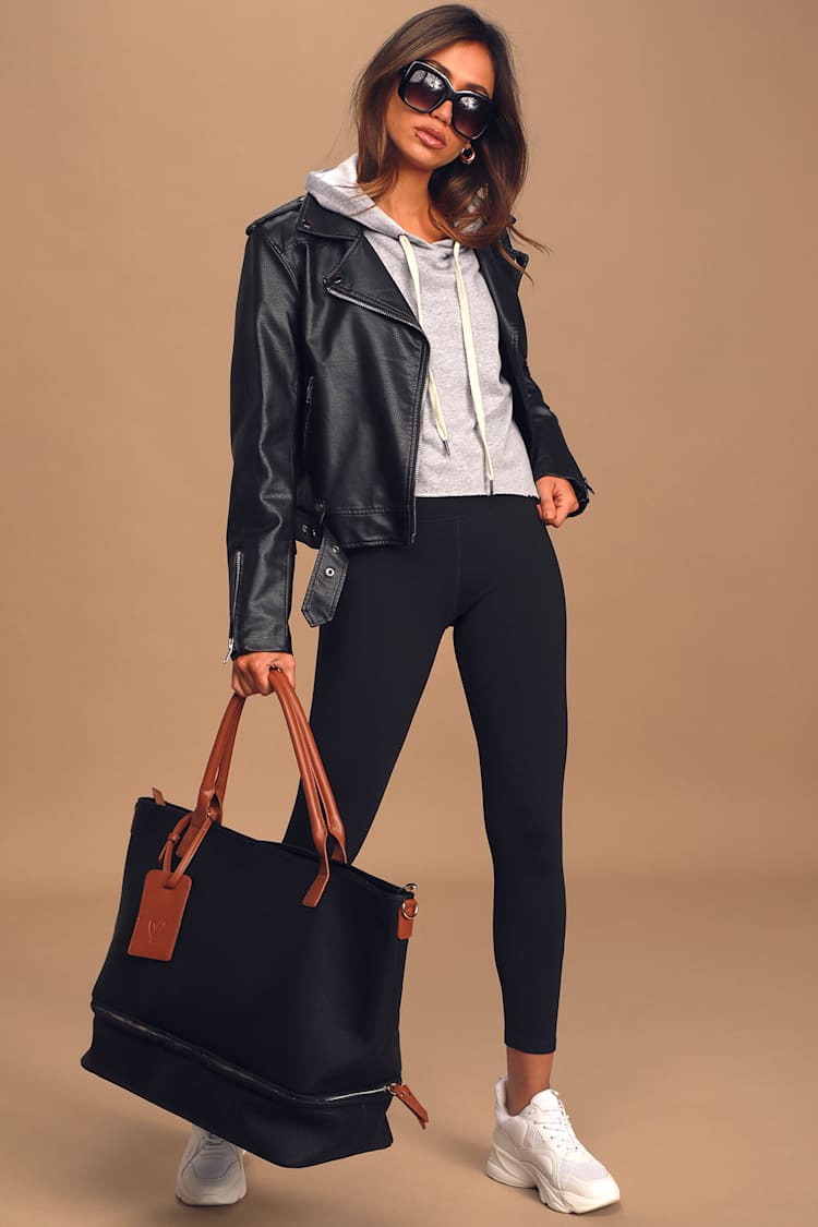 Black and Cognac Tote Bag - Vegan Leather Handbag - Oversized Bag