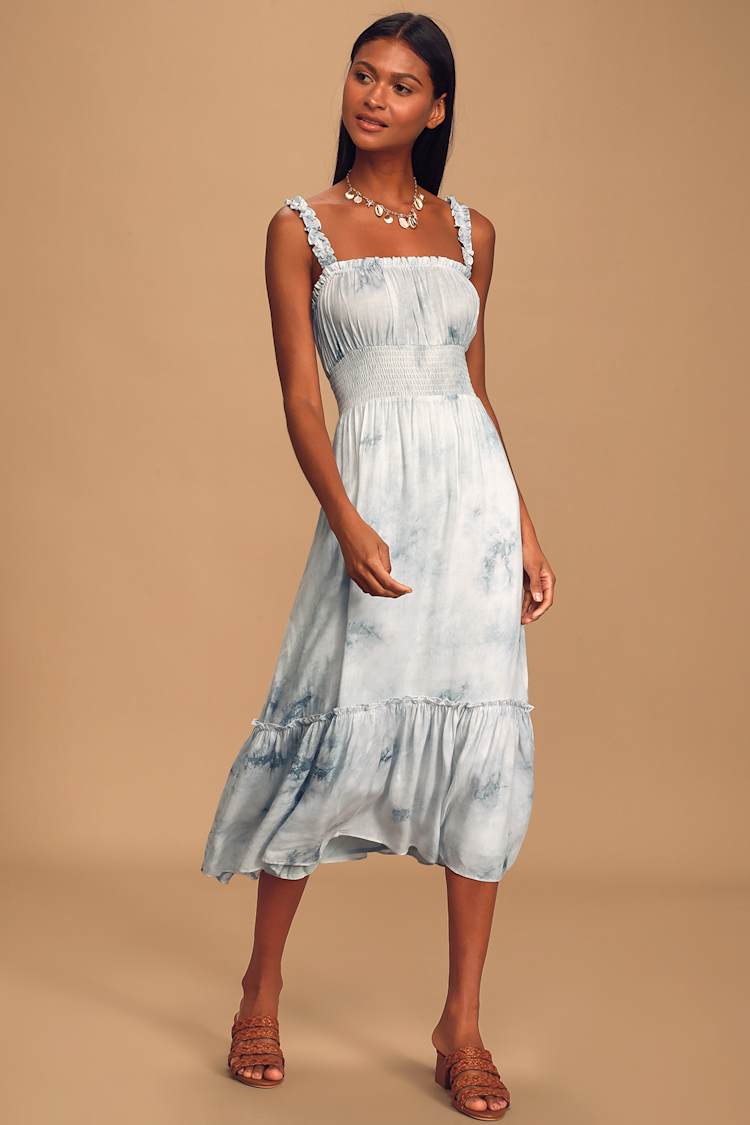 Cute Blue and White Tie-Dye Dress - Ruffled Dress - Smocked Dress - Lulus