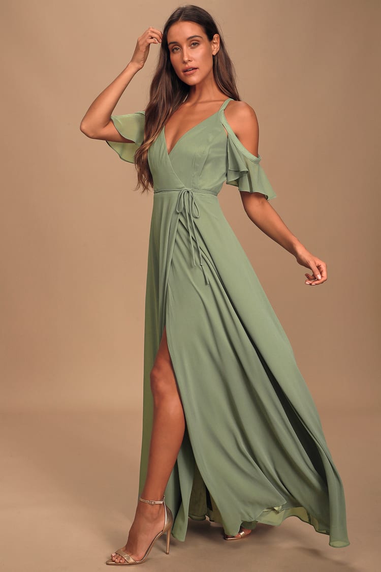 Sage Green OTS Dress - Maxi Wrap Dress - Cold-Shoulder Dress - Lulus