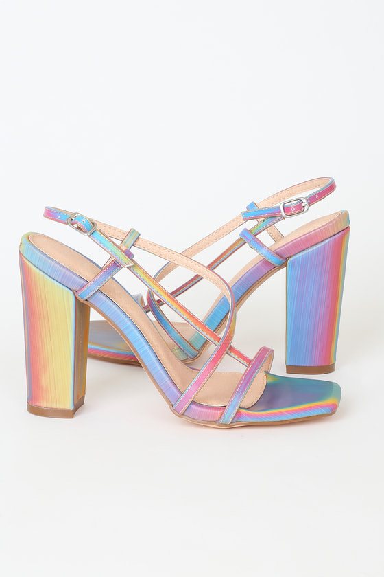 Cute Rainbow Holographic Heels - Strappy Heels - Square Toe Heels - Lulus