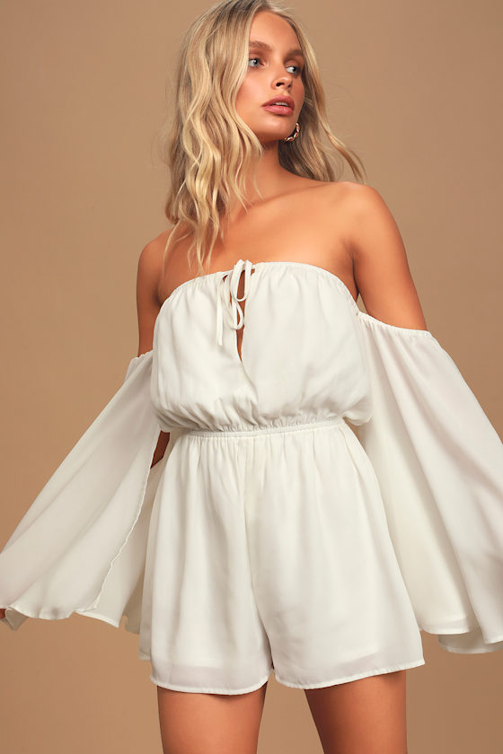 Hold The Applause White Off-The-Shoulder Cape Sleeve Romper 1