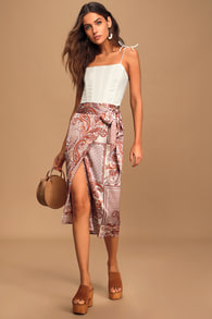 Take A Walk With Me Ivory Paisley Print Satin Wrap Midi Skirt