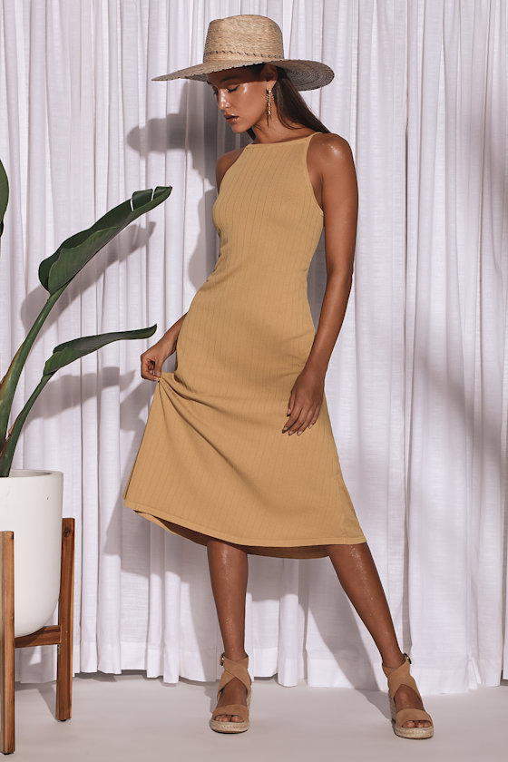 Cute Camel Dress Ribbed Knit Dress Sleeveless Midi Dress Lulus