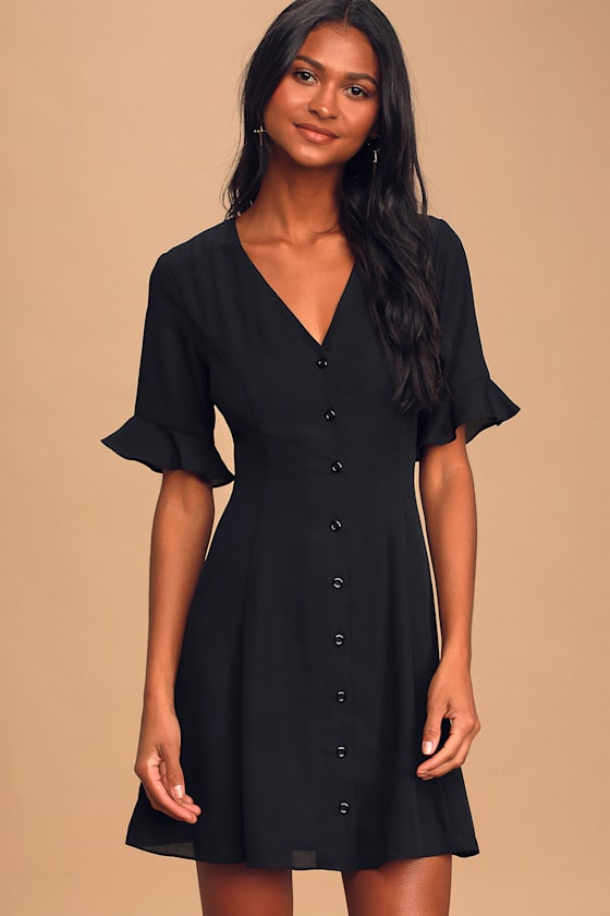 Cute Black Dress ButtonUp Dress Mini Dress LBD Lulus
