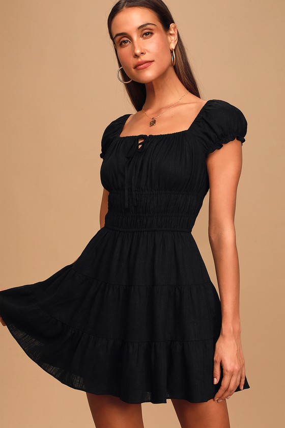 Cute Black Dress - Tiered Mini Dress - Cap Sleeve Mini Dress - Lulus