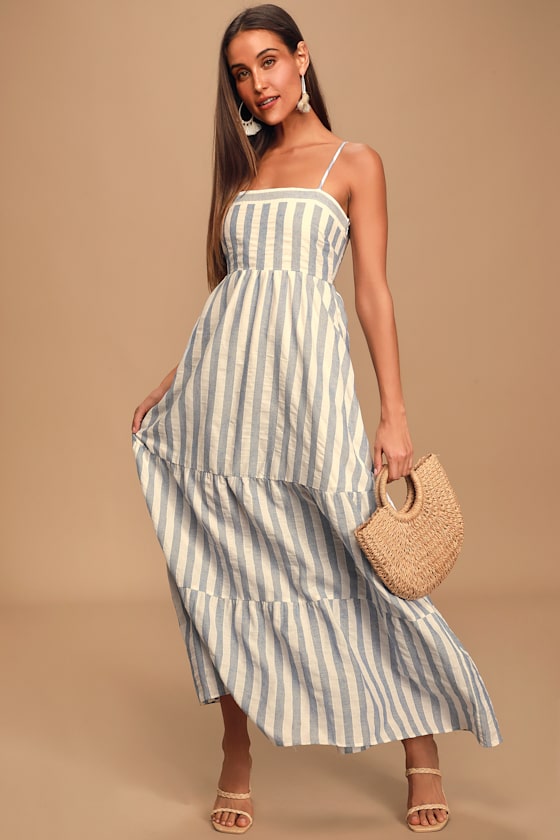 Must Be Dreaming Beige and Blue Striped Tiered Maxi Dress 1