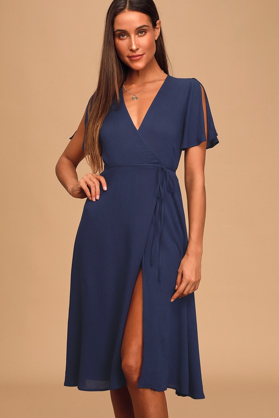 Lovely Navy Blue Dress - Wrap Dress - Wrap Midi Dress - Lulus