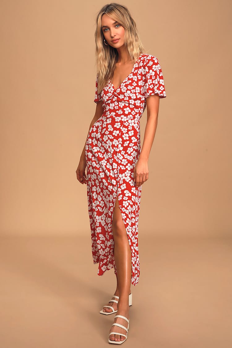 strapless open back dress Elise Red Floral Cutout Midi Dress – L'Atelier London