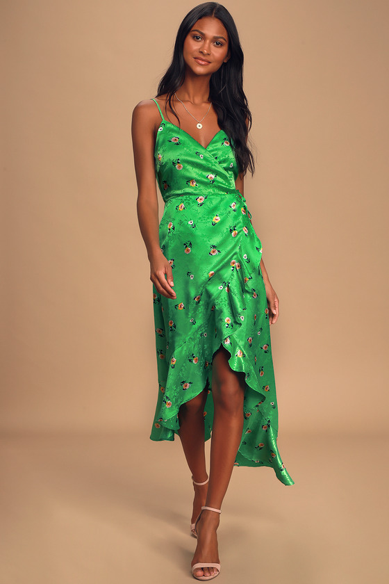 Chic Style Green Floral Jacquard Satin High Low Midi Wrap Dress