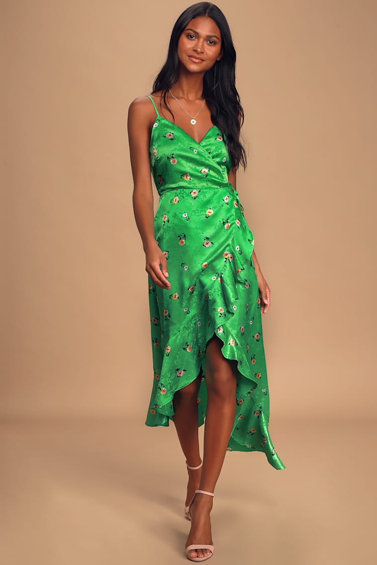 Green Floral Print Dress - Satin Dress - Ruffled High-Low Midi - Lulus