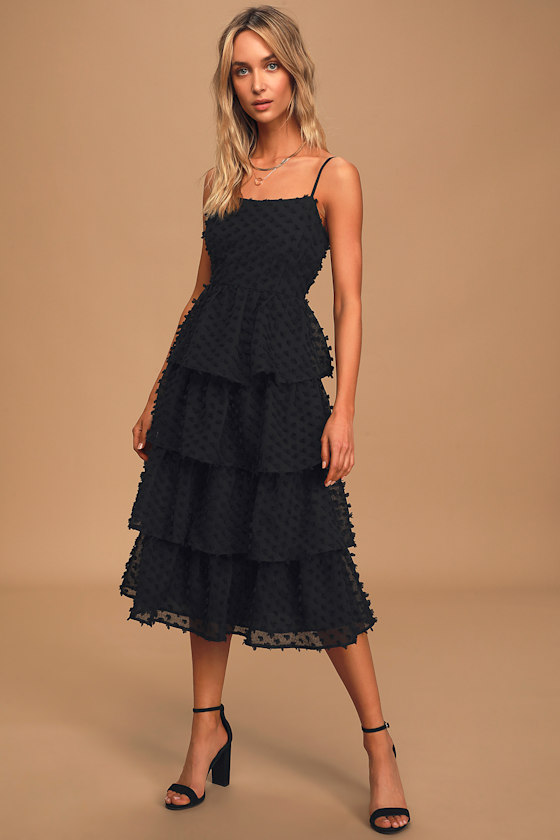 Flirting with You Black Tiered Pom Pom Midi Dress 2