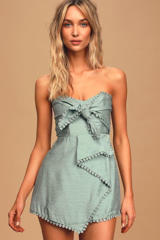Charismatic Cutie Sage Green Strapless Tie-Front Romper 8