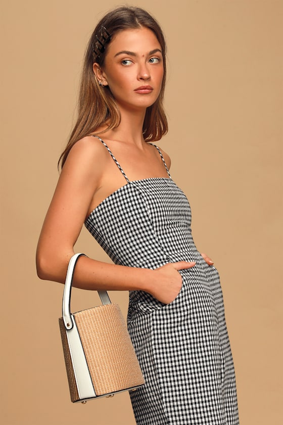 Tan and White Bucket Bag Woven Bucket Bag Chic Crossbody Bag Lulus