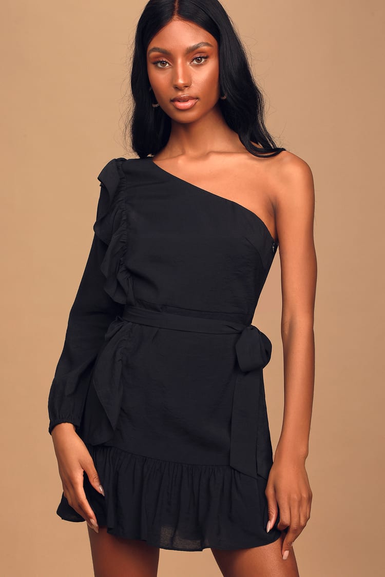 Weekend Wonder Black One-Shoulder Ruffled Mini Dress