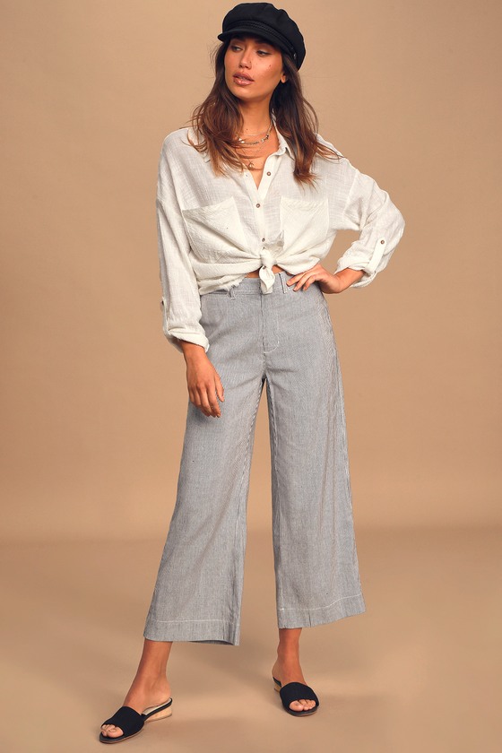 black white striped wide leg pants