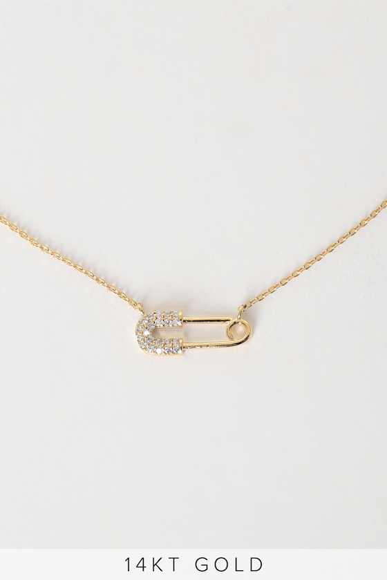 Safety First 14k Gold Rhinestone Safety Pin Necklace 4
