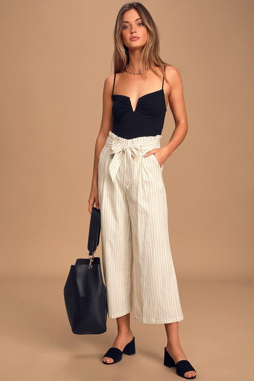 Liam Cream Pinstripe Paperbag Waist Belted Culotte Pants