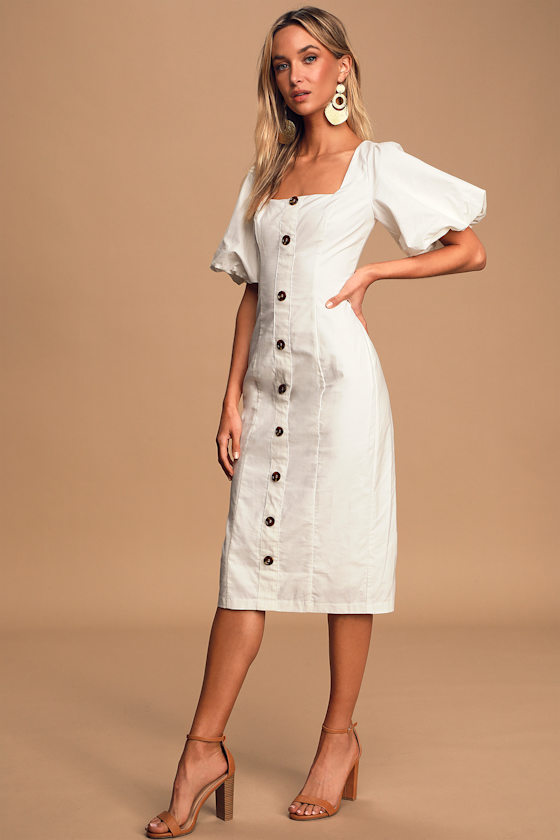 Yacht off the Press White Puff Sleeve Button-Front Midi Dress 5