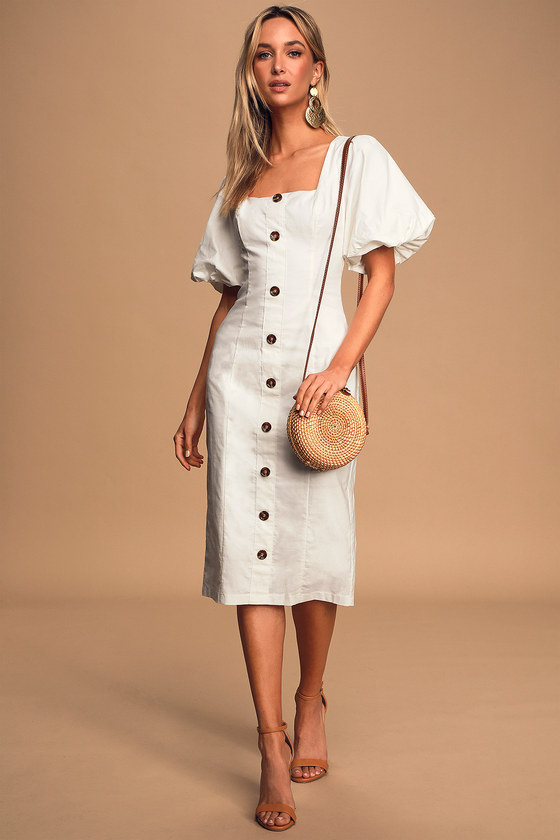 Chic White Dress - Button-Front Midi ...