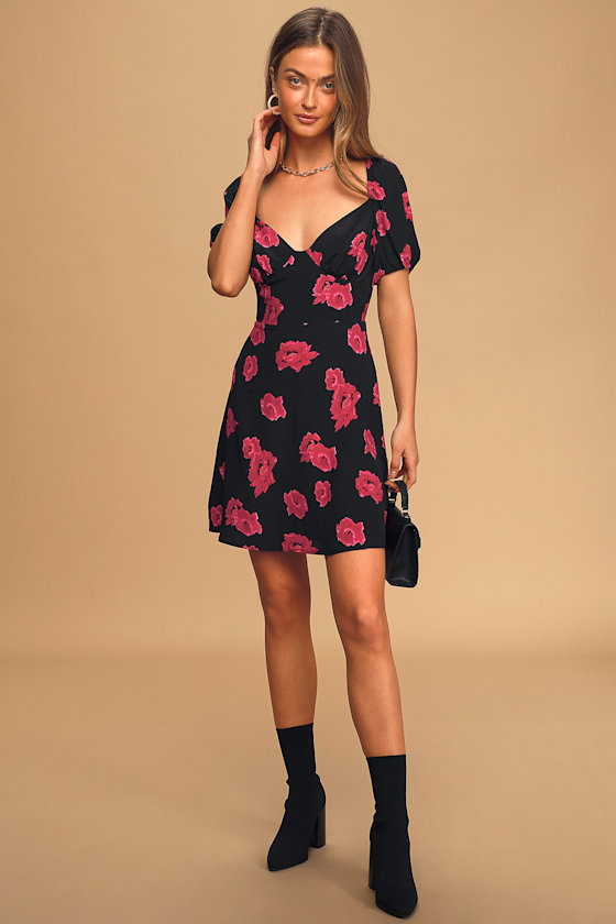 Imogen Black Floral Print Puff Sleeve Mini Dress 1