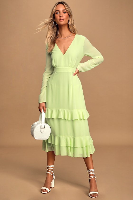 Sway This Way Lime Green Ruffled Long Sleeve Midi Dress 1