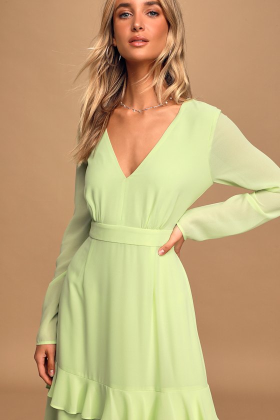 Sway This Way Lime Green Ruffled Long Sleeve Midi Dress 2