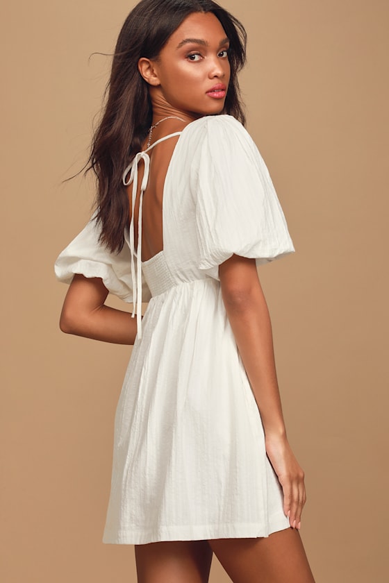 Maximum Cuteness White Puff Sleeve Babydoll Dress 5