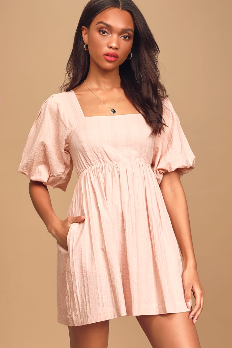 Pretty Pink Babydoll Dress - Puff Sleeve Mini Dress - Square Neck - Lulus