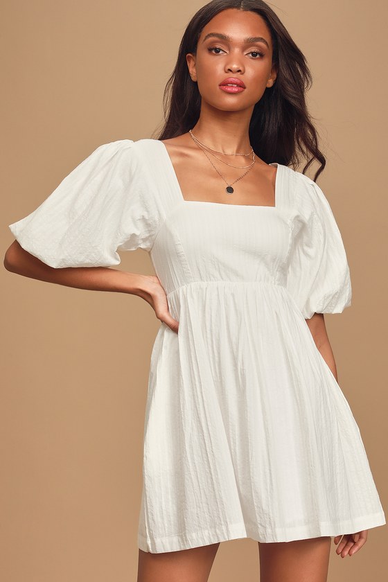 Cute White Babydoll Dress - Puff Sleeve Mini Dress - Square Neck - Lulus