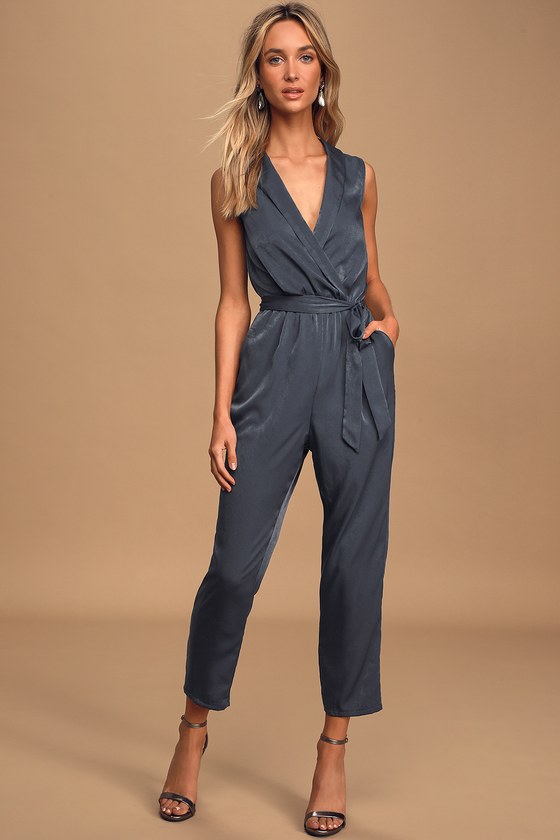 Love Like That Washed Navy Blue Satin Sleeveless Jumpsuit