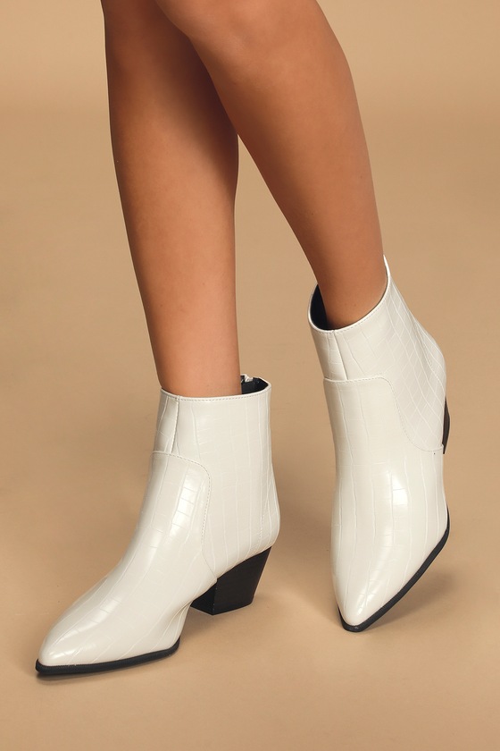 White Ankle Boots - Trendy Crocodile Booties - Pointed-Toe Boots