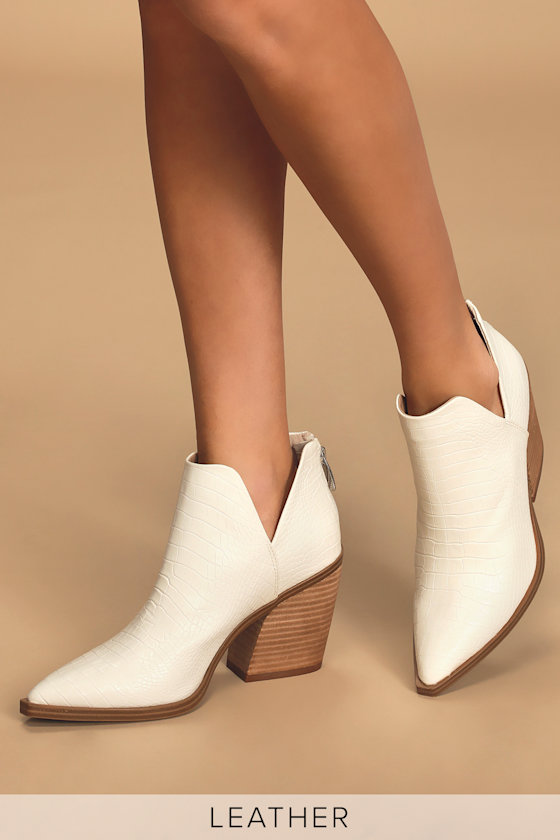 Alyse Light Bone Crocodile Leather Pointed-Toe Ankle Booties 1