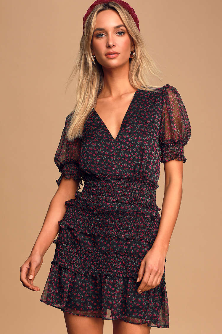 Behati Black Floral Print Puff Sleeve Smocked Mini Dress Behati Black Floral Print Puff Sleeve Smocked Mini Dress