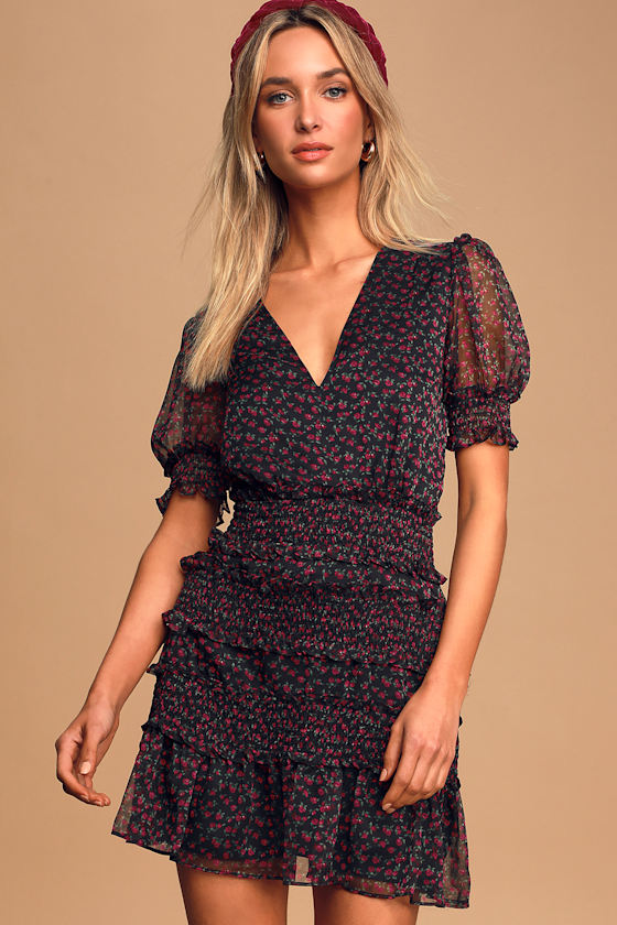 Behati Black Floral Print Puff Sleeve Smocked Mini Dress 3