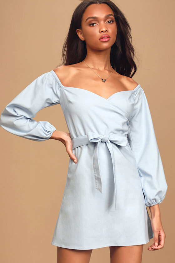 Pure Serenity Light Blue Off-the-Shoulder Puff Sleeve Mini Dress 3