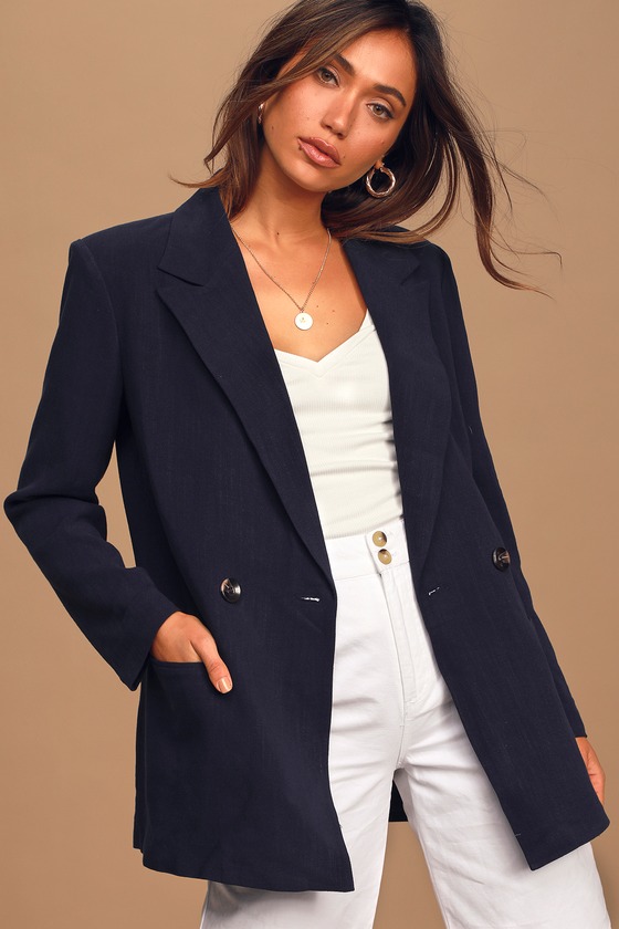 Chic Navy Blue Blazer - Linen-Blend Blazer - Oversized Blazer - Lulus