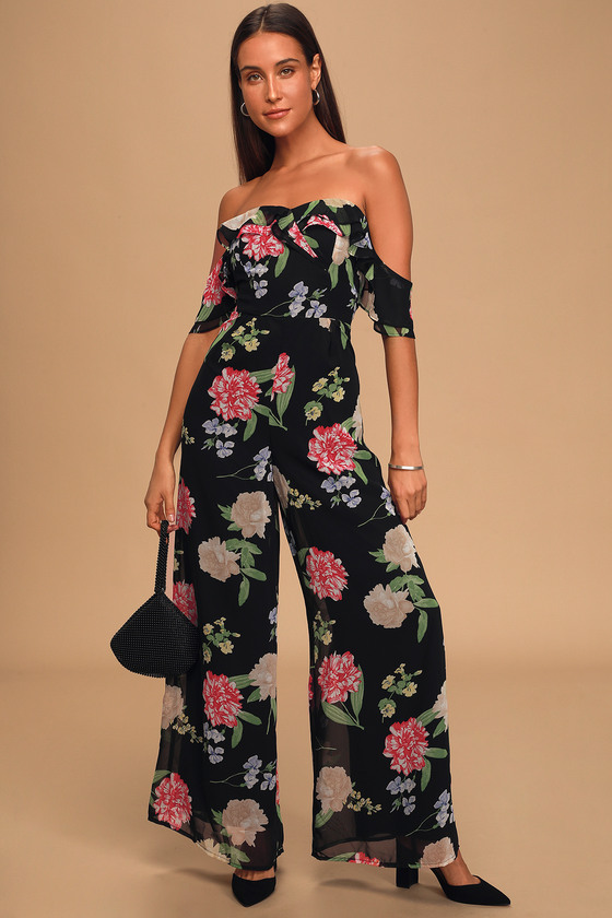 Cute Black Floral Jumpsuit - Ruffled OTS Jumpsuit - Jumpsuit - Lulus