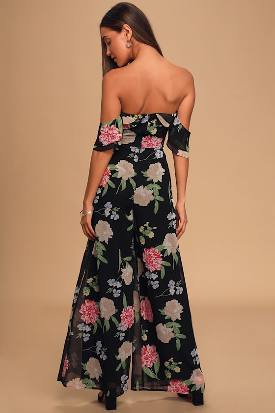 Cute Black Floral Jumpsuit - Ruffled OTS Jumpsuit - Jumpsuit - Lulus