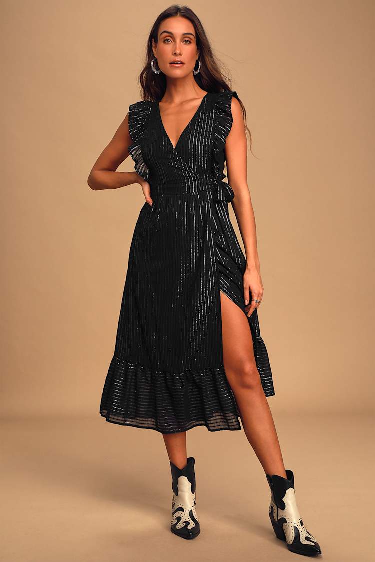 Cute Black Wrap Dress - Pinstripe Dress - Sleeveless Wrap Dress - Lulus