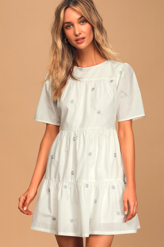 Cute White Floral Embroidered Dress - Babydoll Dress - Mini Dress - Lulus