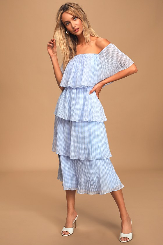 light blue off the shoulder ruffle dress