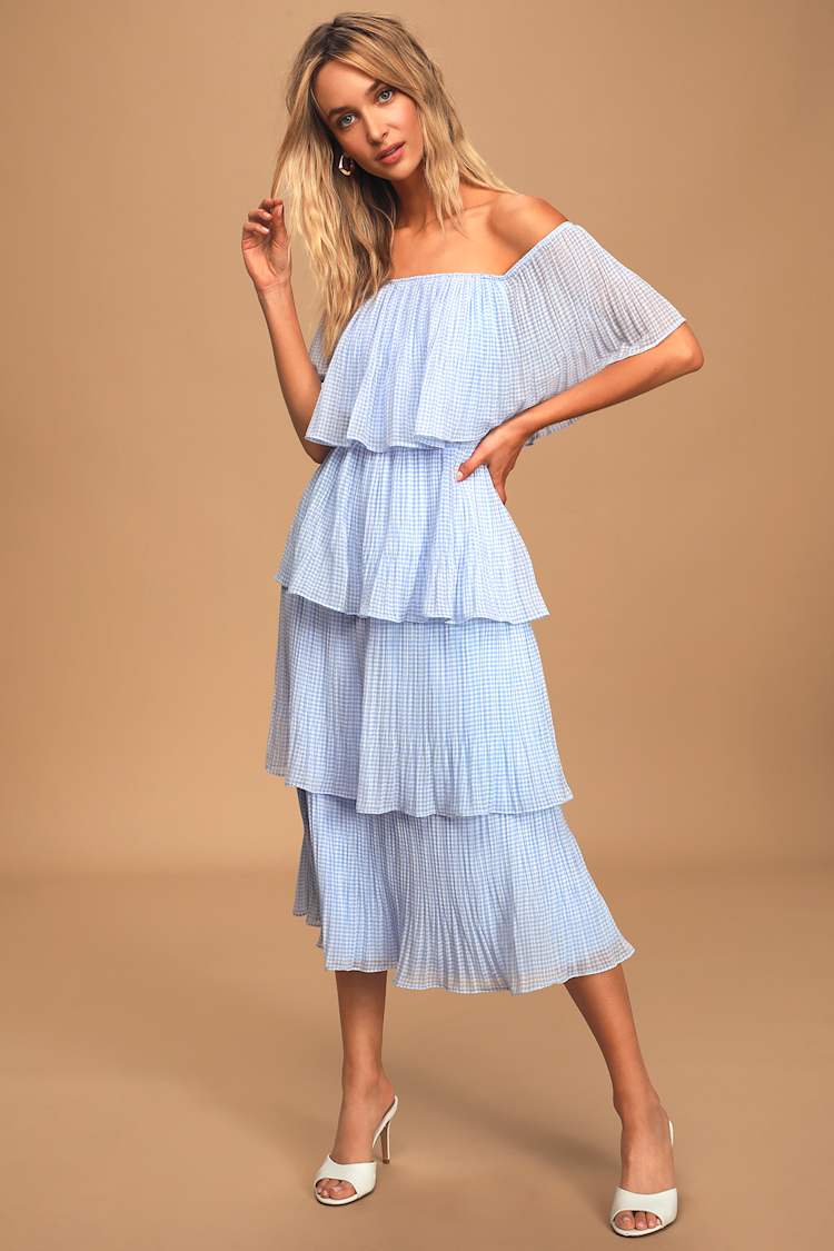 blue gingham off the shoulder dress Lily Off Shoulder Blue Gingham Dress main image 1