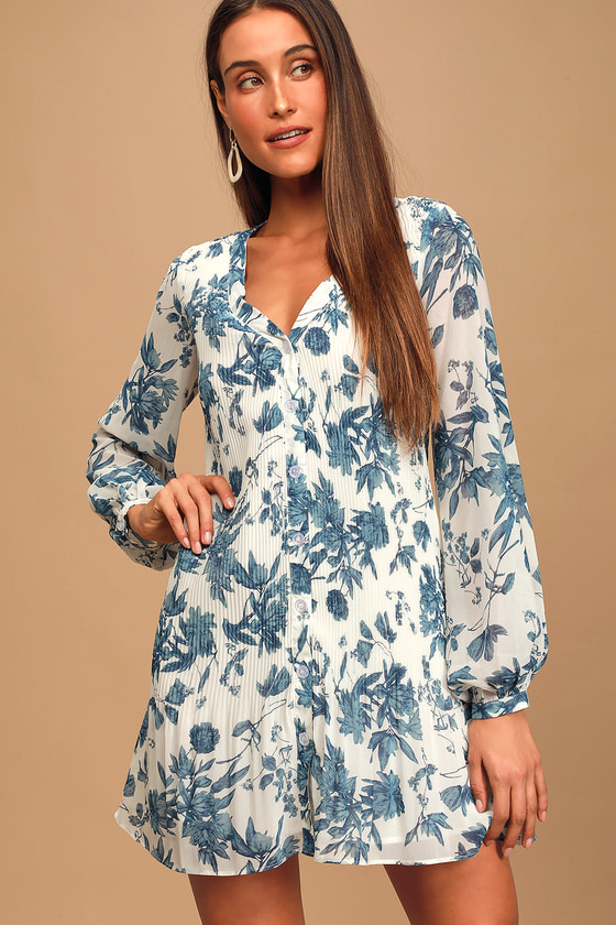 Cute White Floral Print Dress - Pleated Swing Dress - Button-Up - Lulus