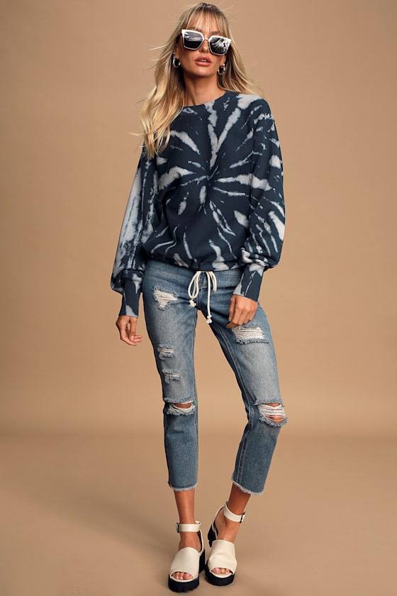 Mellow Moment Navy Blue Tie-Dye Drawstring Pullover Sweatshirt 2