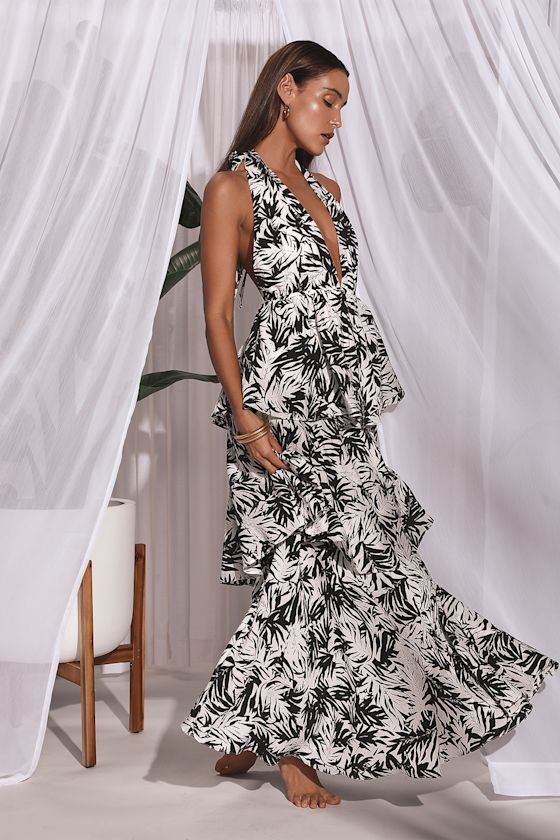 Seaside Resort Black and White Print Tiered Halter Maxi Dress 7