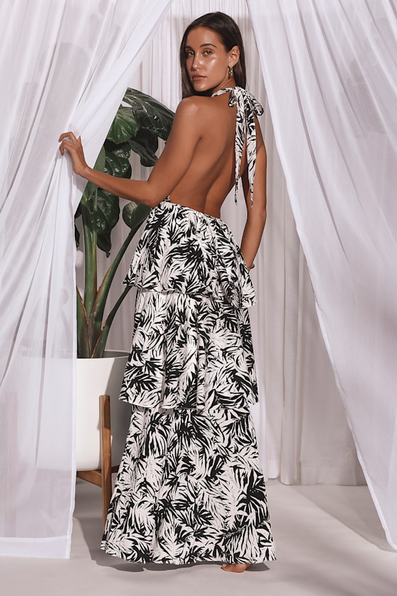 Seaside Resort Black and White Print Tiered Halter Maxi Dress 8