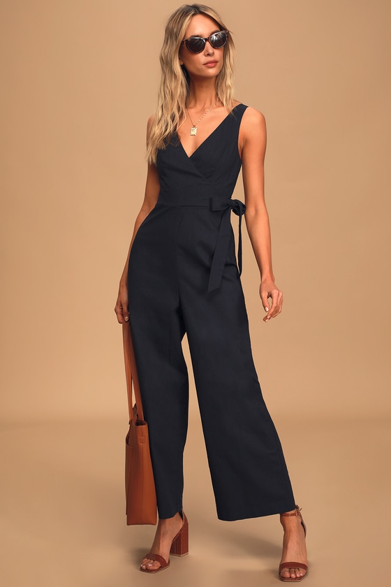 Cute Navy Blue Jumpsuit - Wrap Jumpsuit - Wide-Leg Jumpsuit - Lulus