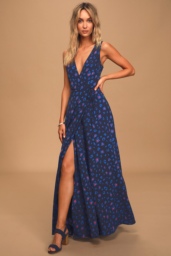 Navy Blue Leopard Print Dress - Wrap Maxi Dress - Surplice Dress - Lulus